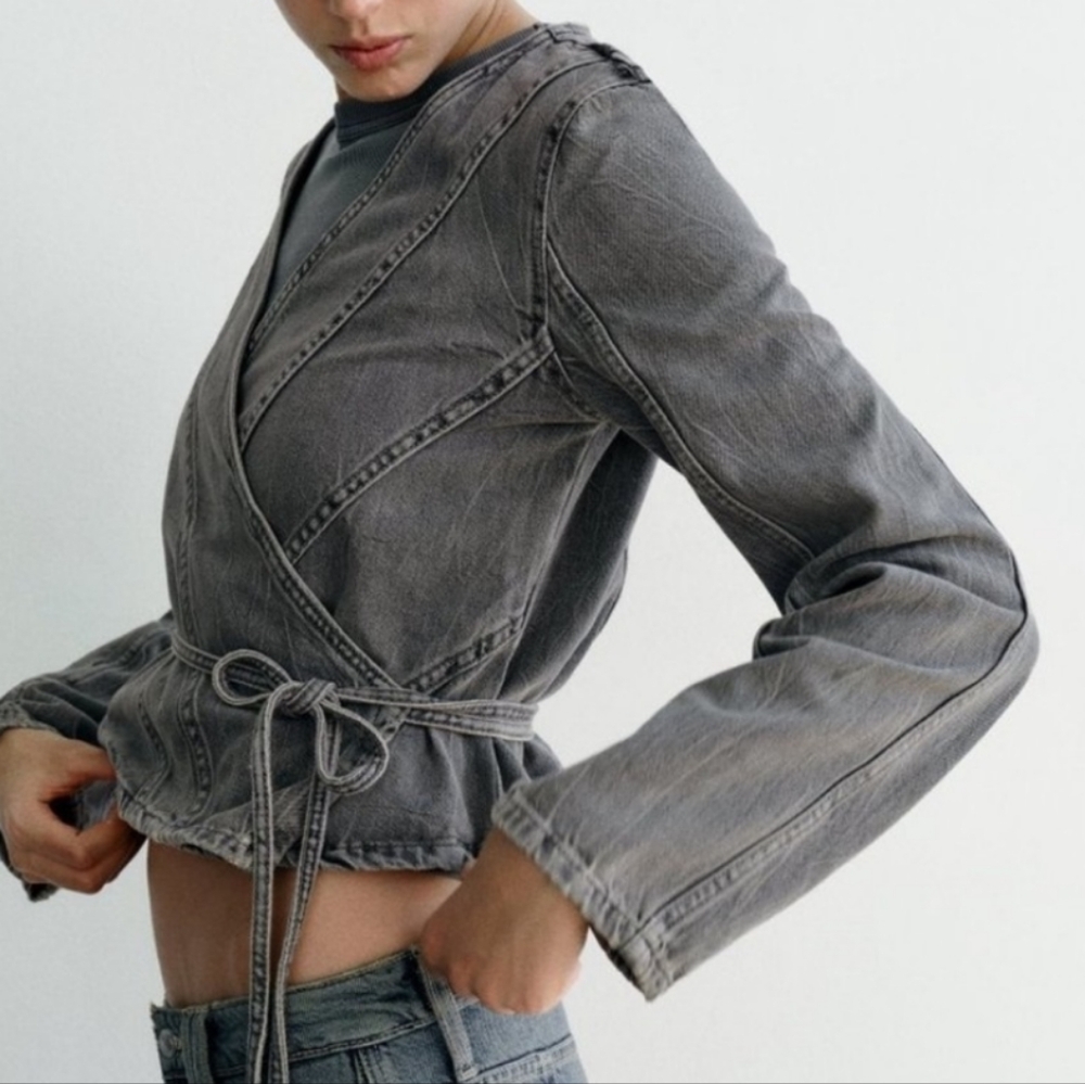Zara TRF Gray Denim Wrap Jacket Size XL